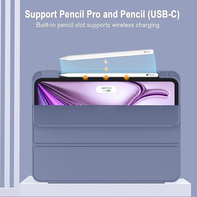 ZryXal New iPad Air 13 Inch Case M3 2025/M2 2024 with Pencil Holder, Trifold Stand Smart Case with Soft TPU Back,Auto Wake/Sleep(New Lavender)