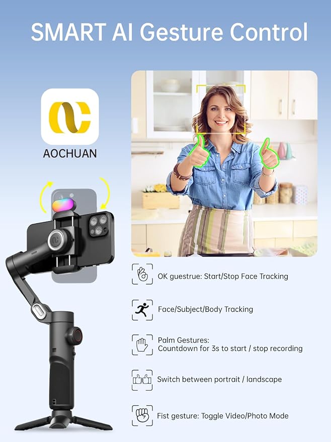 AOCHUAN Gimbal stabilizer for Smartphone,Gesture Control/face Tracking,Magnetic Fill Light,Foldable Handheld Phone Gimbal,3-axis stabilizer TikTok YouTube Vlog Recording XE kit