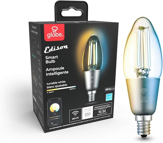 Globe Electric Wi-Fi Smart 4.5W (40W Equivalent) Straight Filament Tunable White Clear LED Light Bulb, No Hub Required, Voice Activated, Energy Star, 2000K - 5000K, Vintage Edison Style, 350 Lumns