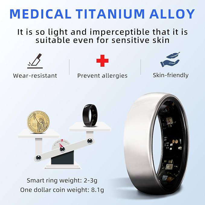 Smart Ring Titanium Fitness Sleep Tracker Health Monitoring Blood Pressure Blood Oxygen for iPhone and Android 7 Days Batterty Life (Silver, 11) Full Charge First Use