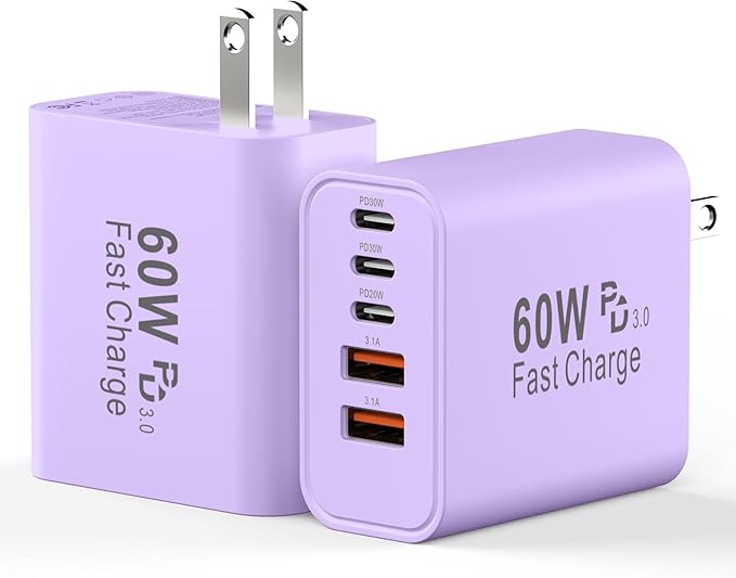USB C Charging Blocks, 60W USBC Wall Fast Charger Block, Type C Phone USB C Charger Fast Charging Brick, 5-Port Multiport Charger Plug Power Adapter for Phone 17/16/15/14/13 Pro Max, Pad,S25-Lavender