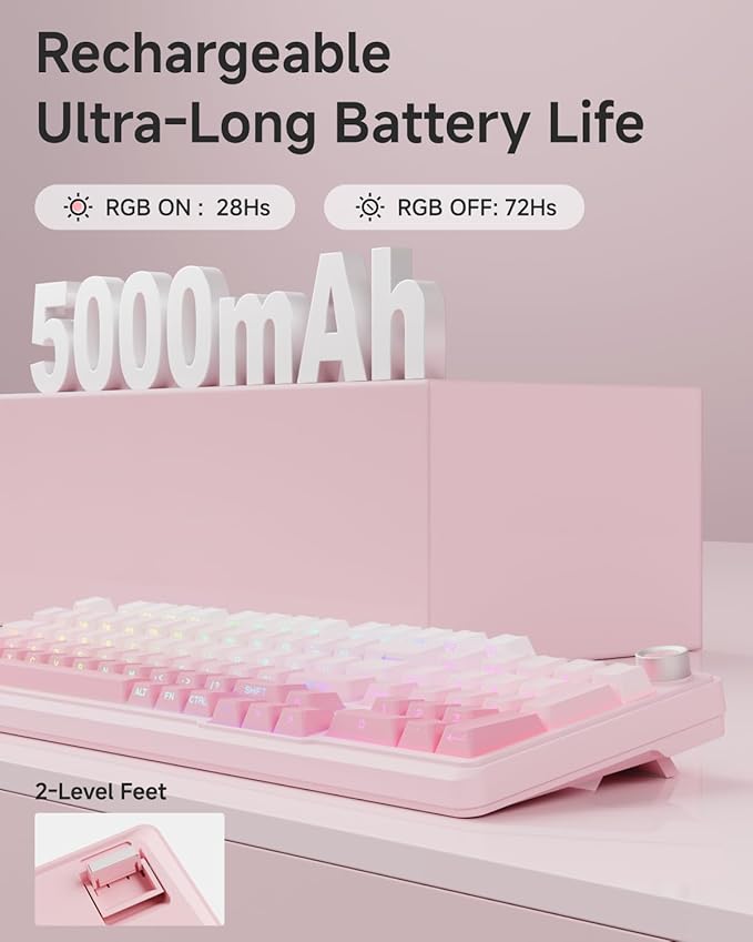 EWEADN V102 Wireless Keyboards, 98 Key Gaming Keyboard with Screen & Media Knob, Custom RGB Backlit, Tri-Mode BT5.0/2.4GHz/Wired Membrane Bluetooth Keyboard, Quiet Typing for PC/Mac-Gradient Pink
