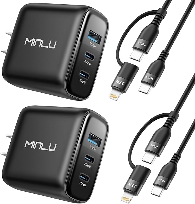 65W USB C Charger Block, MINLU GaN 3-Port Compact Fast PPS Wall Charger with 100W 2 in 1 USB-C to C/L Cable,Fast Charging for MacBook Pro/Air,iPad,iPhone 17 16 15 Series,Galaxy S25 UItra PS - 2Pack