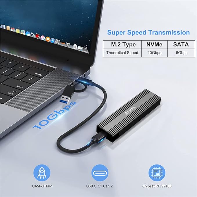 M.2 SSD Portable USB3.1 Type-C 10Gps SSD Enclosure, Supports NVMe/SATA Two protocols, Suitable for MacBook SSD Enclosure Gen 2 (10 Gbps) to NVMe PCI-E M.2 SSD Case (Black)