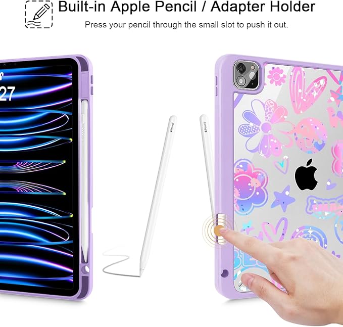 Tuiklol for iPad Pro 12.9 Inch 6th/5th/4th/3rd Generation 2022 2021 2020 2018 Case,Built-in Pencil Holder Clear Transparent Protective Back Shell Cover with Auto Sleep/Wake, Fun Emotions Purple
