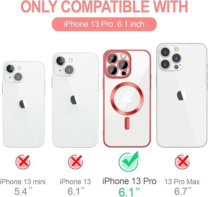 Hython Magnetic Clear for iPhone 13 Pro Case with Camera Lens Protector [Compatible with MagSafe] Luxury Plating Edge Slim Soft TPU Cover Protective Phone Case for iPhone 13 Pro 6.1", Red