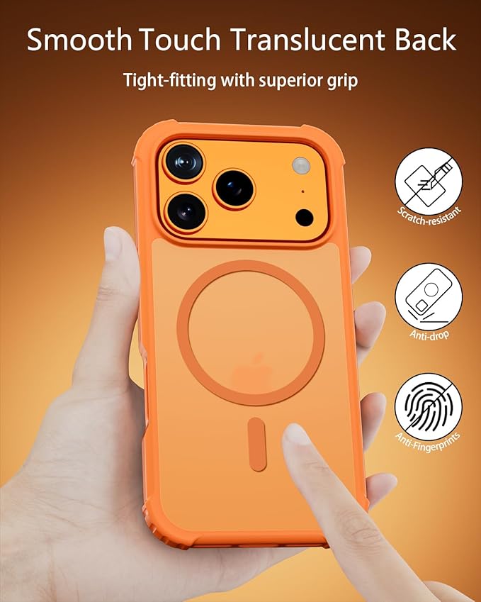 for iPhone 17 Pro Case, Magnetic Shockproof Matte Semi-Transparent Orange Cover, Compatible with MagSafe, Durable Anti-Fingerprint Anti-Scratch 3-in-1 Set Phone Case