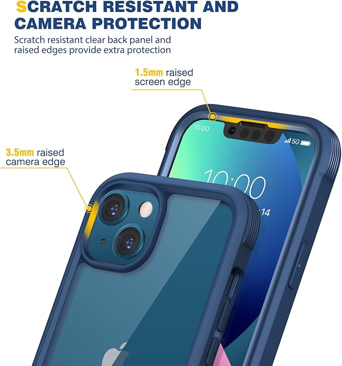 Diaclara Designed for iPhone 13 Case, Full Body Rugged with Built-in Touch Sensitive Anti-Scratch Screen Protector, Soft TPU Bumper Case for iPhone 13 6.1" (Dark Blue and Clear)