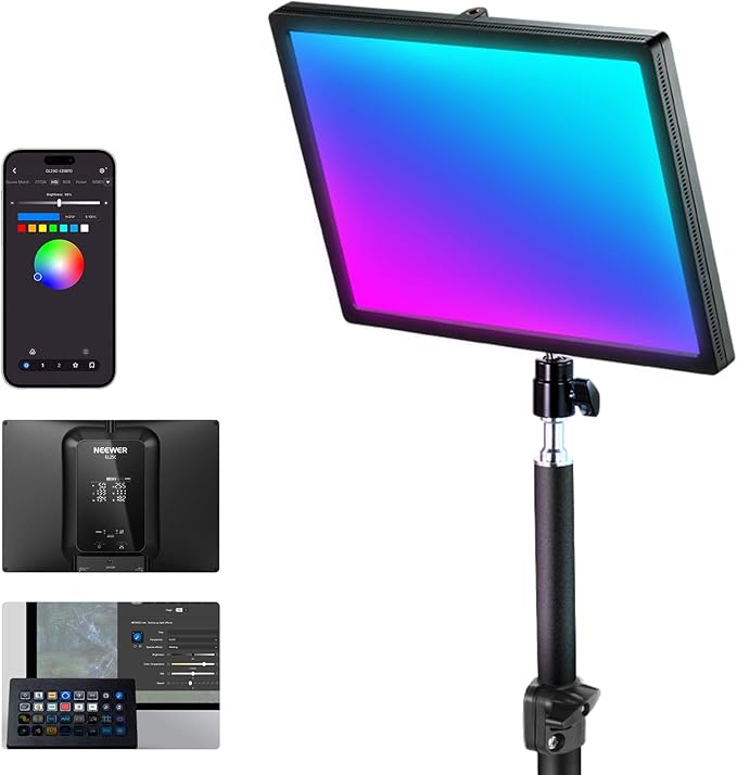 NEEWER GL25C LED RGB Streaming Key Light, APP/PC Control 25W 2500Lux/0.5m 2900K-7000K CRI95+/TLCI97+ Full RGB Dimmable Edge Emitting Silent Webcam Video Light with Desk Stand