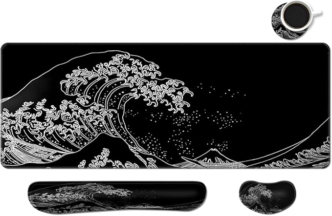MIBITRI Keyboard Mouse Pad Set, Extended Gaming Mouse Pad+Ergonomics Keyboard Wrist Rest Support, Memory Foam, Easy Typing Pain Relief, 4Pcs XXL Ultra Thick Desk Mat, Japanese Wave