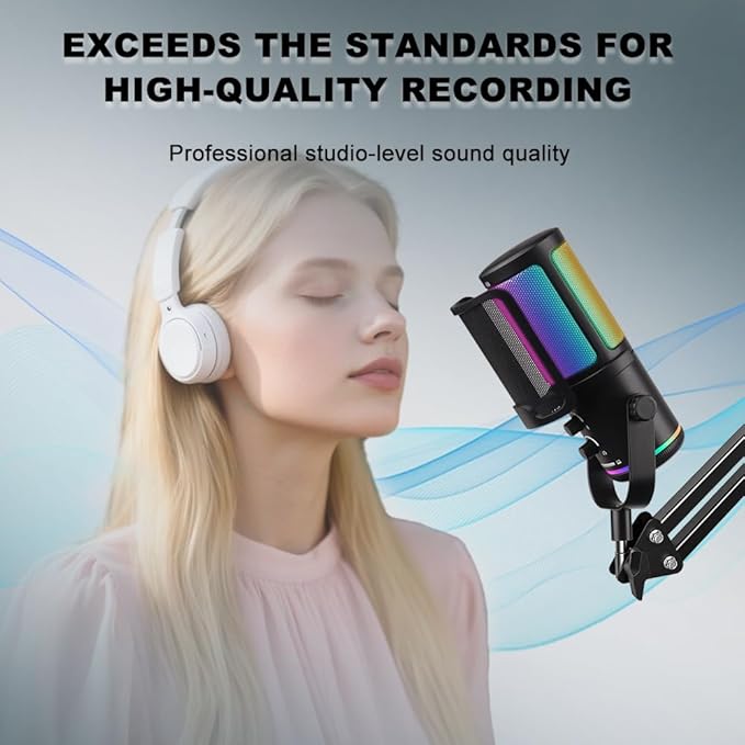 M16 USB Microphone with Boom Arm - PC Mic for Streaming, Podcasting, Vocal Recording Singing YouTube RGB Condenser Kit with Noise Cancellation, Monitor Mix Knob, Mute & Pop Filter Black