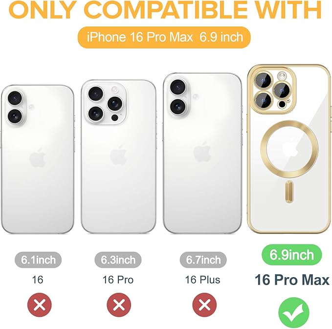Hython Magnetic Clear for iPhone 16 Pro Max Case with Camera Lens Protector [Compatible with MagSafe] Plating Edge Slim Soft TPU Cover Protective Phone Case for iPhone 16 Pro Max 6.9", Matte Gold
