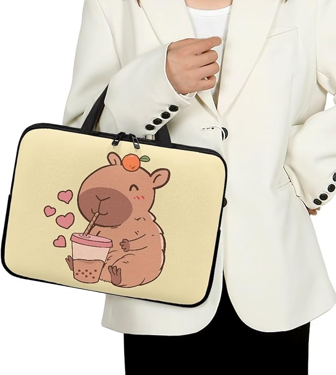 13 Inch Capybara Bubble Tea Laptop Sleeve, Protective Tablet Case with Handle, Water Resistant Zipper Computer Bag Carrying Case Notebook Cover Messenger Briefcase for Women