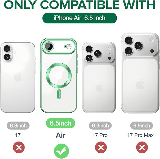 Hython Magnetic Clear for iPhone Air Case with Camera Lens Protector [Compatible with MagSafe] Luxury Plating Edge Slim Soft TPU Cover Protective Phone Case for iPhone Air 6.5", Light Green