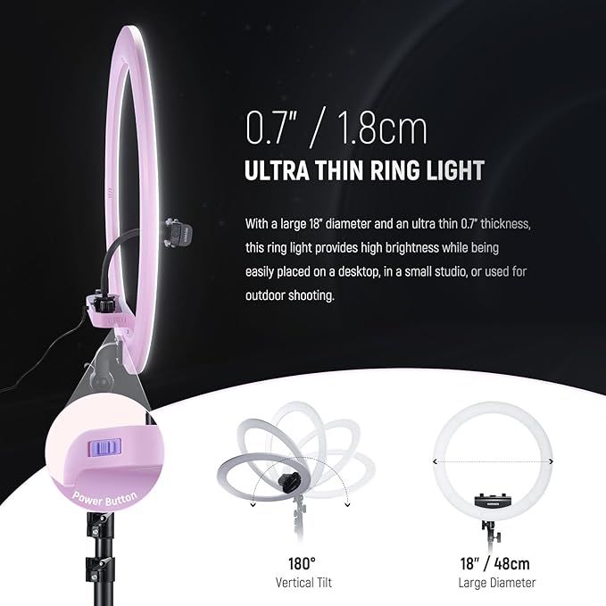 NEEWER Professional Ring Light with Stand and Phone Holder, 18 inch Ultra Thin, 45W 2900K-7000K TLCI98, Remote Shutter & App Control, Softer Lighting for Makeup Live Stream TikTok, RP18B Pro Pink