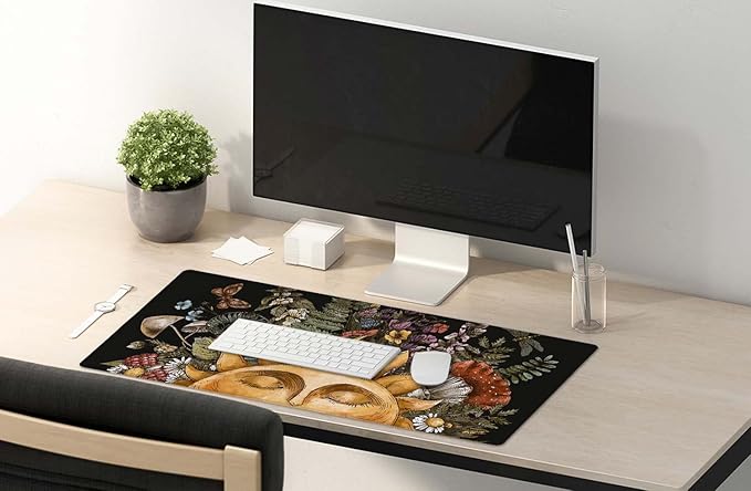 SSOIU Vintage Sun with Woodland Treasures, Amanita Mushroom, Fern, Forest Plants Sun Forest Woodland Nature Mushroom Wild Foraging Green Witch Desk Mat, Extended Mouse Pad, XXL Gaming Desk 35.5"x15.7"