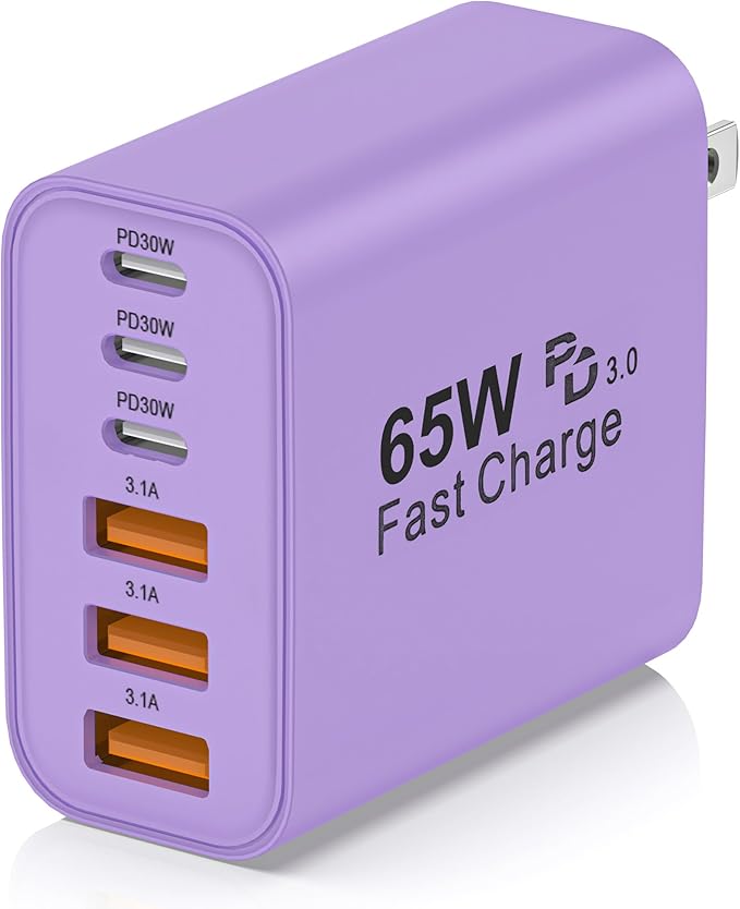 USB C Charger Block,65W 6-Port USBC Charging Block,Wall Charger iPhone Charger Fast Charging,Multiport Type C PD+QC Power Plug for All iPhone 17 16 15 iPad Samsung S23 S24 iWatch Pixel Series (Purple)