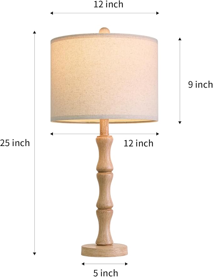 BOBOMOMO 25" Farmhouse Table Lamps Set of 2, Rustic Nightstand Lamps with Wood Grain Resin Base & Linen Shade, Standard Table Lamps for Bedroom, Living Room, Reading Nock & House Décor