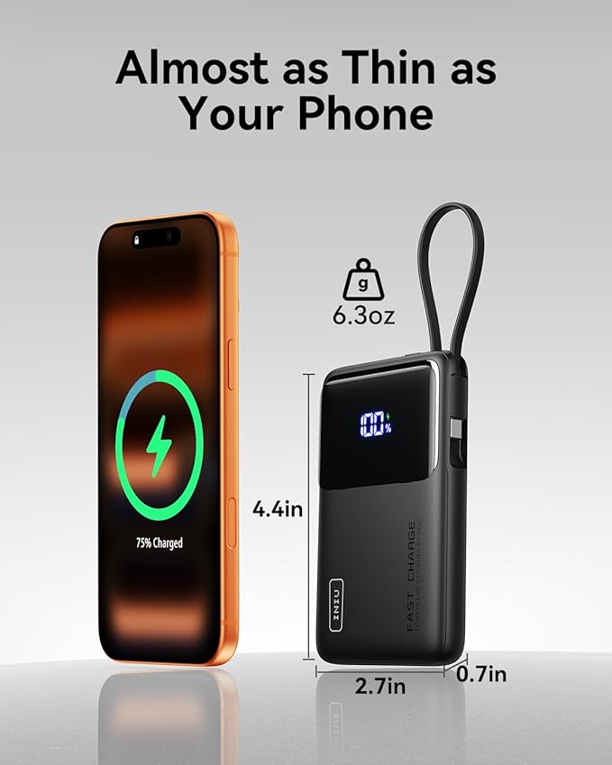 INIU 45W Power Bank, Slimmest 10000mAh Portable Charger with Built in USB-C Cable, Fast Charging USB C in&Out Battery Pack, Travel External Phone Charger for iPhone 17 16 15 Samsung S24 S23 Google etc