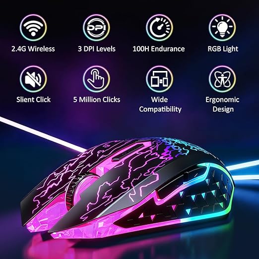 VersionTECH. Wireless Gaming Mouse, Rechargeable Computer Mouse Mice with Colorful LED Lights, Silent Click, 2.4G USB Nano Receiver, 3 Level DPI for PC Gamer Laptop Desktop Chromebook Mac-Black