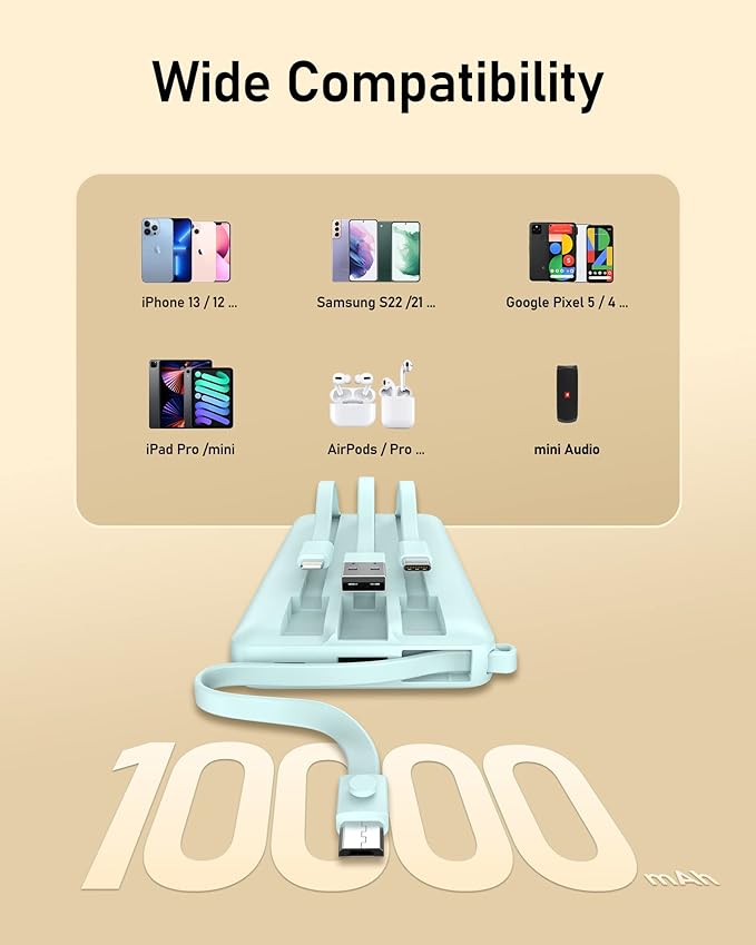 VEEKTOMX Portable Charger Built-in Cables, Power Bank for iPhone, Fast Charge USB C Battery Pack Travel Essentials Powerbank Compatible with iPhone 17/16/15/14, Samsung S25/24