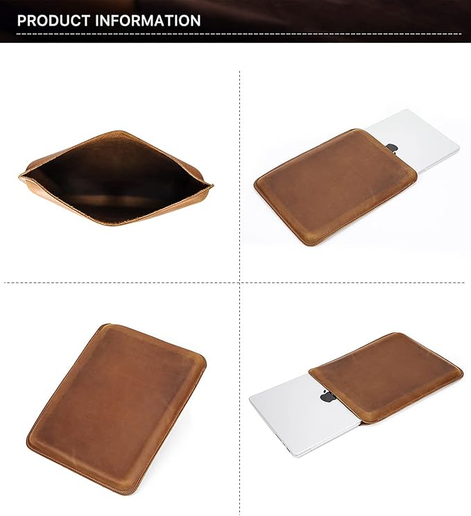 Top Grain Leather 14.2" Laptop Sleeve Case, Solid Vintage Design, Compatible with MacBook Pro 14" 2021 M1 A2442 & Old Versioned 13-13.3 Inch MacBook Pro/MacBook Air, Brown 14.2 Inch