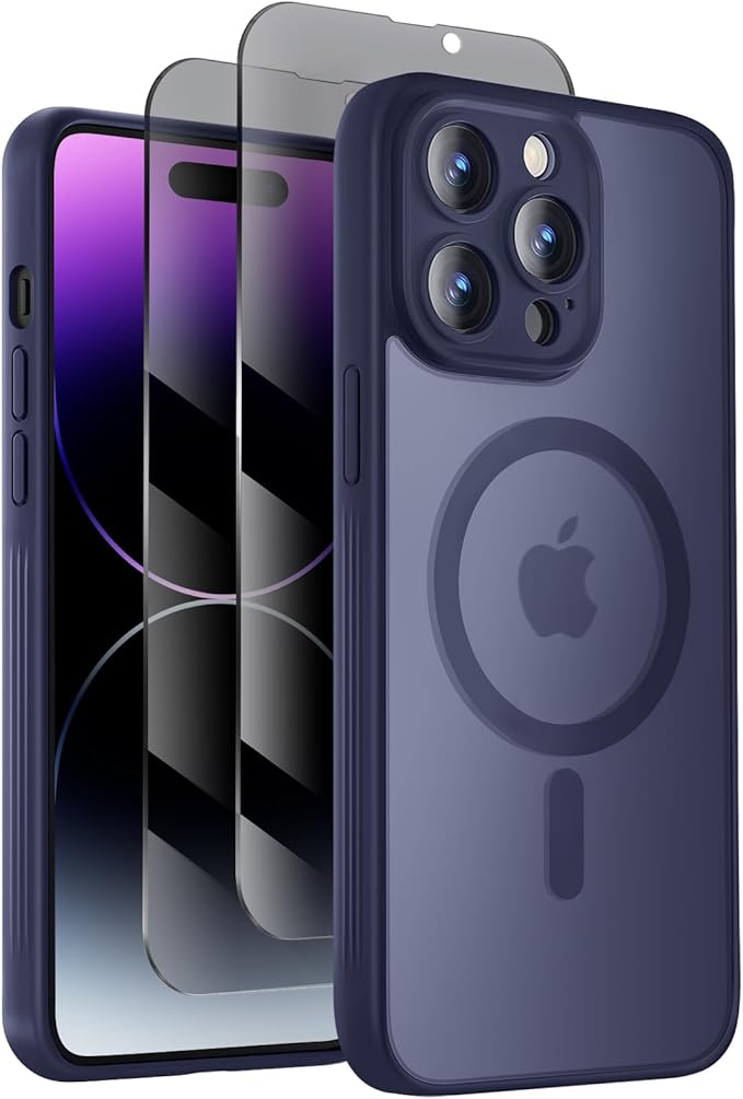 Symcele Designed for iPhone 14 Pro Case, Compatible with MagSafe, with Privacy Screen Protectors X2, [Camera Protection] [15FT Military Drop Protection] Shockproof Phone Case, 6.1", Deep Blue
