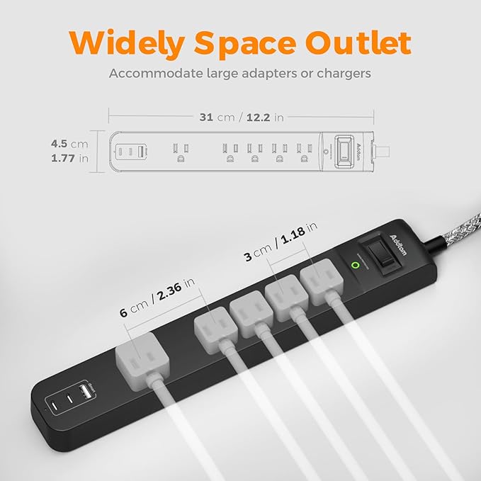10Ft Long Surge Protector Power Strip - Extension Cord with Multiple Outlets, 5 Widely Outlets 3 USB Charging Ports, Flat Plug Overload Surge Protection, Wall Mount for Home, Office ETL Listed, 2 Pack