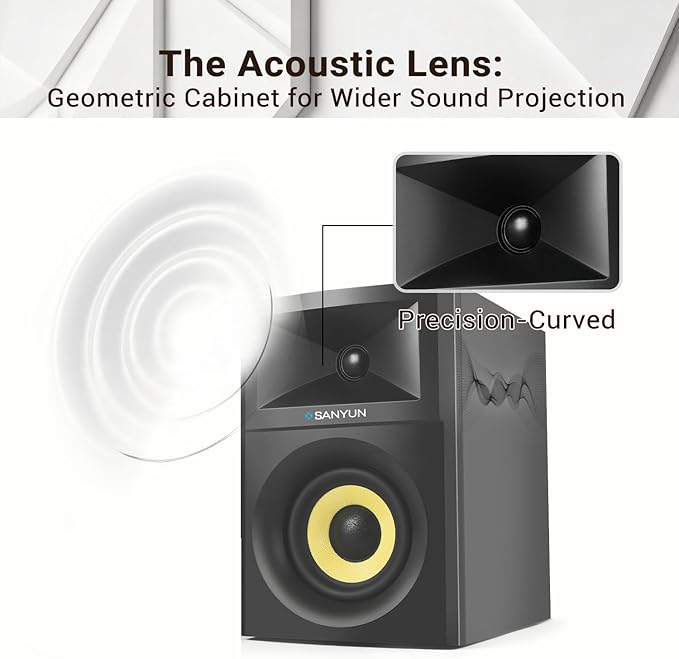 Sanyun SW205 4" 80W HiFi Bookshelf Speakers, 2.0 Active Near Field Studio Monitor, Upgraded 3D Sound Field, Flagship DAC & DSP, Geometric Diffusion Cabinet, Bluetooth 5.4/Optical/AUX, Black