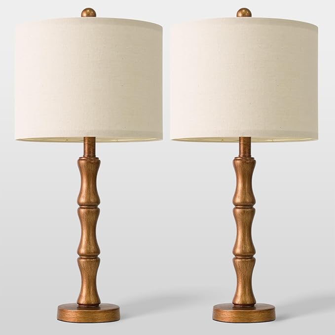 BOBOMOMO 25" Vintage Nightstand Lamps Set of 2, Farmhouse Table Lamps with Antique Gold Resin Base & Linen Shade, Standard Table Lamps for Bedroom, Living Room, Hallway & House Décor