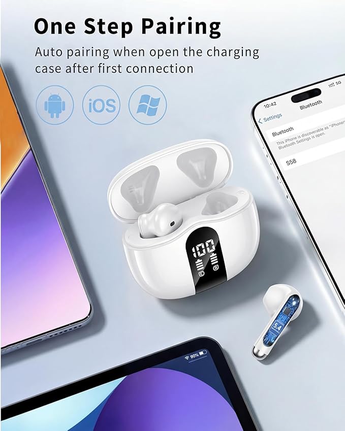 Wireless Earbuds, 2026 Bluetooth 5.4 Headphones Bass Stereo Ear Buds with Noise Cancelling Mic, LED Display in Ear Earphones 50H Playtime Ear Buds, IP7 Waterproof for Laptop Pad Phones Pure White