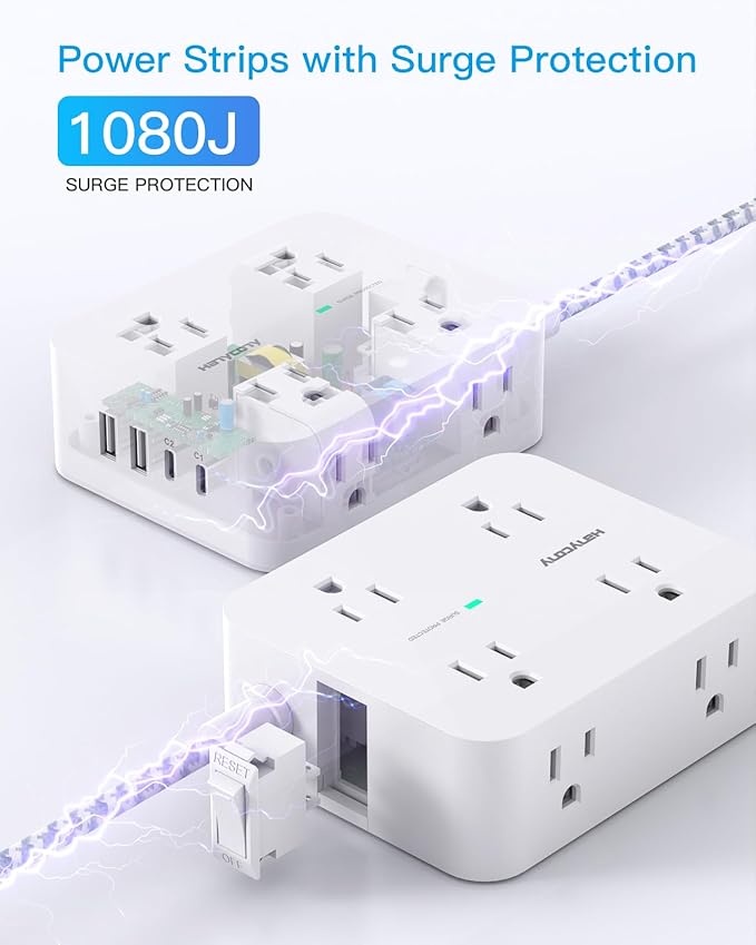PD 30W USB C Power Strip 15Ft, HANYCONY 8 Outlets Surge Protector 4 USB (2 USB C Ports), 1080J Desk Charging Station for Multiple Devices, Flat Plug Extension Cord for College Dorm Room Essentials