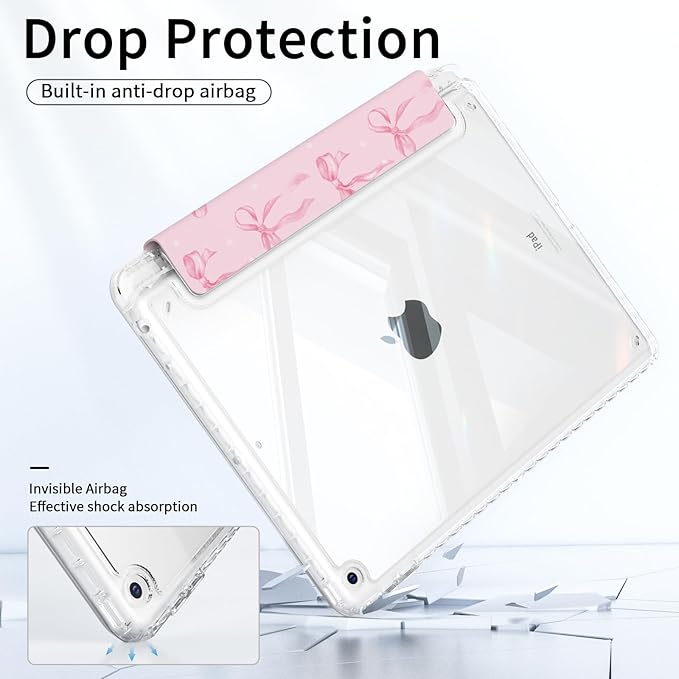 Case for iPad 10.2-inch 9th Generation (2021)/ 8th Generation (2020)/ 7th Gen (2020), Protective Slim Clear Back Cover with Pencil Holder, Trifold Sturdy Stand, Pink Bows