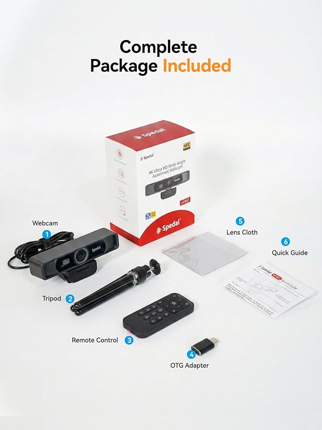 Spedal 4K Webcam with Tripod, Wide Angle 120° USB Webcam, Sony 1/2.8" Sensor, Dual Microphones, Remote Control, Auto Focus for Video Conferencing, Online Meetings, Streaming, Zoom & Teams