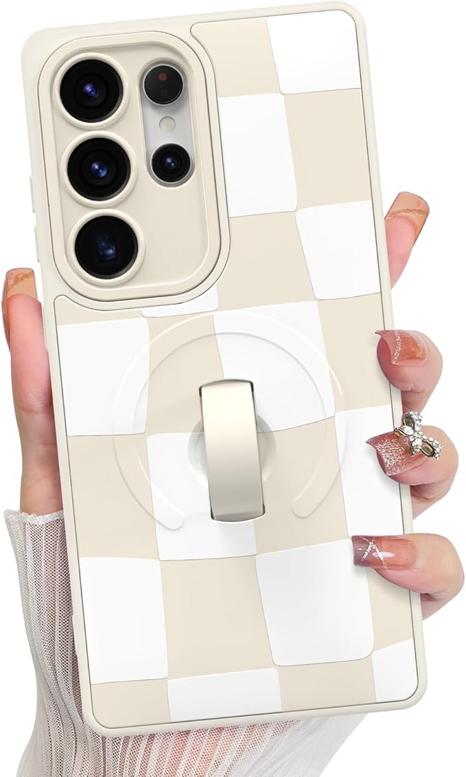 KANGHAR Compatible with Samsung Galaxy S25 Ultra Case, Support for MagSafe, Silicone Checkered Cute Pattern, Wristband Kickstand Camera Protection Soft Slim Cover for Girls Women -White