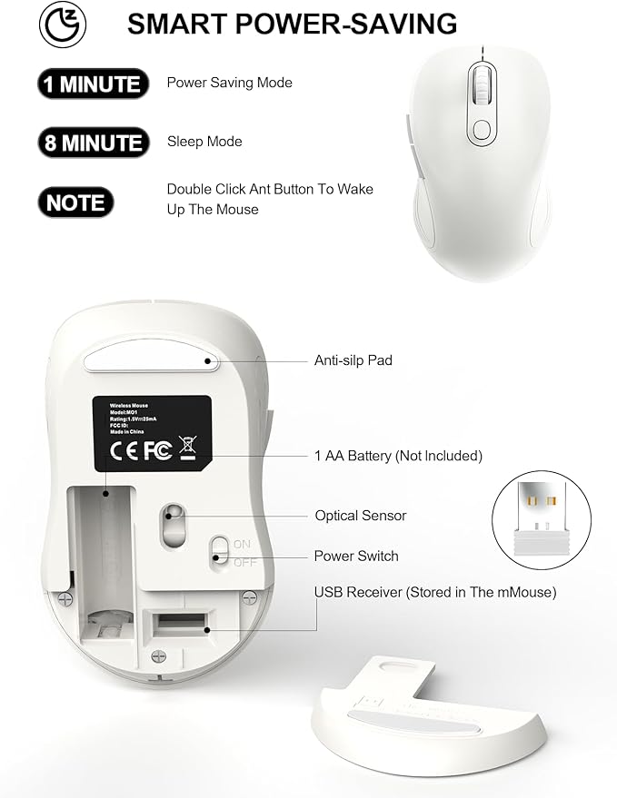 Trueque Wireless Mouse for Laptop, 2.4GHz Ergonomic Computer Mouse with Back & Forward Buttons, 3 Adjustable DPI Levels, 6 Buttons, Optical USB Cordless Mice for Windows PC, M01 (Pure White)