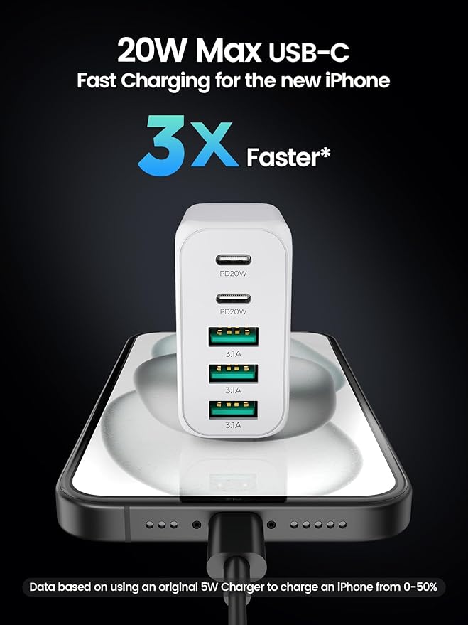 EIZLXQ USB C Charger Block,50W 5-Port Fast Wall Charger,Dual Type-C & USB-A Multiport Charging Cube for iPhone 17/16/15/14/13 Pro Max,iPad,Samsung Galaxy–2 Pack,White