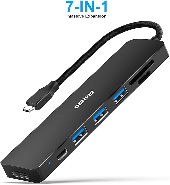 BENFEI 7-in-1 USB C Hub, USB-C Multiport Adapter with USB Type-C to HDMI, USB-C to SD TF Card Reader/3 USB 3.0/60W Power Delivery with iPhone 15 Pro/Max MacBook Pro/Air 2023, iPad