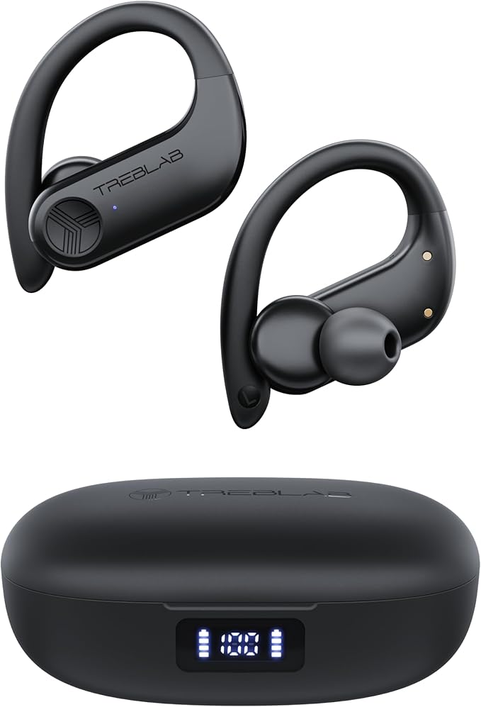 TREBLAB X3 Pro - Sports Wireless Ear Buds Bluetooth - Comfortable Workout Headphones with Secure Ear Hooks, 12H Long Battery Life, IPX5 Sweatproof Earphones, Noise Isolation Over Ear Earbuds
