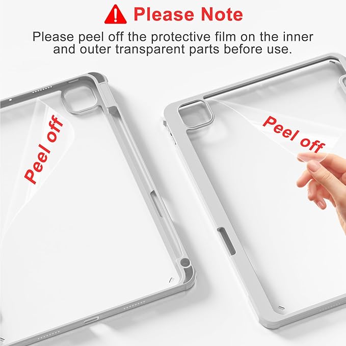 Case for iPad Pro 12.9 Inch (6th/5th/4th/3rd Generation 2022/2021/2020/2018) with Pencil Holder, Clear Transparent Back Shell Slim Stand Shockproof Tablet Cover, Auto Wake/Sleep, Gray