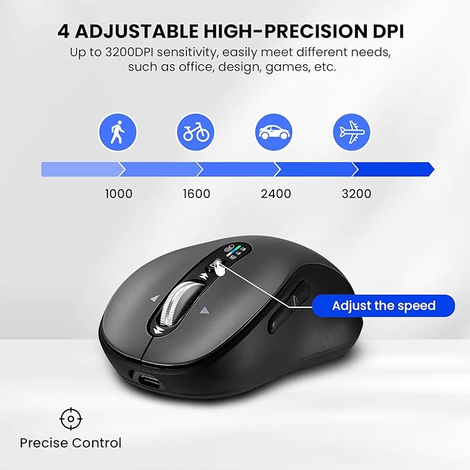 Wireless Bluetooth Mouse,Multi Device Ergo Computer Mouses,Metal 4-Way Super Scrolling,± 3200 DPI,10 Buttons,Plug&Play,Quiet,Rechargeable,USB Cordless Mice for Laptop,Tablet,Mac,iPad,PC,Phone (Grey)