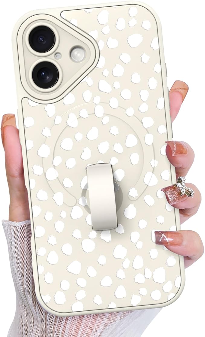 KANGHAR Compatible with iPhone 16 Case, Support for MagSafe, Silicone Speck Leopard Cute Pattern, Wristband Kickstand Camera Protection Soft Slim Cover for Girls Women -White