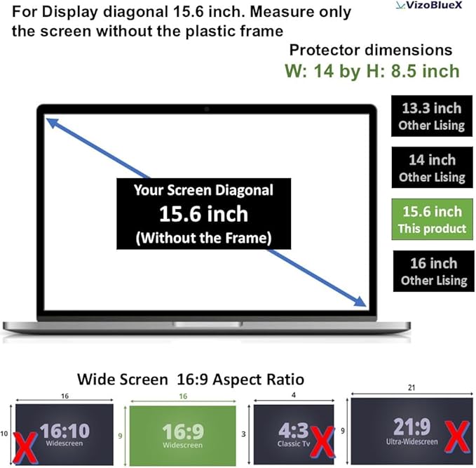 VizoBlueX - 15.6 inch Diagonal Blue Light Blocking Screen Protector Filter. Panel LED PC Laptop Anti-UV Eye Protection Panel Cover - Widescreen Laptop Frame Hanging Type (W 14" X H 8.6")
