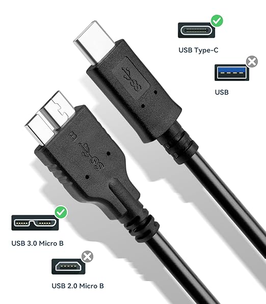 3.3FT USB 3.0 External Hard Drive Cord, Micro B to USB C for WD My Passport, Seagate, Toshiba, Canvio, LaCie, Compatible with iPhone 15, 16,17, PC, Mac, Samsung, LG, Moto, Pixel & Other USB-C Devices
