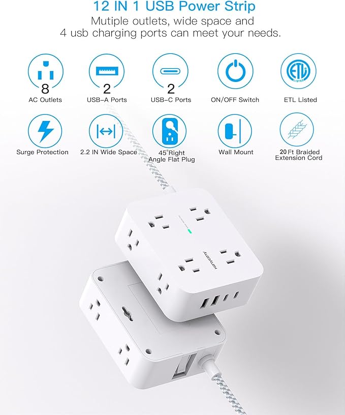 Extension Cord 20 Ft, HANYCONY Power Strip Surge Protector with 8 Outlets 4 USB Ports(2 USB C), Long Cord, Flat Plug, Wall Mount, Desk USB Charging Station for Home Office Essentials