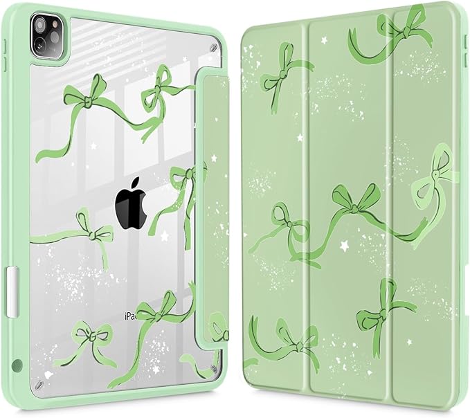 Tuiklol for iPad Pro 12.9 Inch 6th/5th/4th/3rd Generation 2022 2021 2020 2018 Case,Built-in Pencil Holder Clear Transparent Protective Back Shell Cover with Auto Sleep/Wake, Bow-Green
