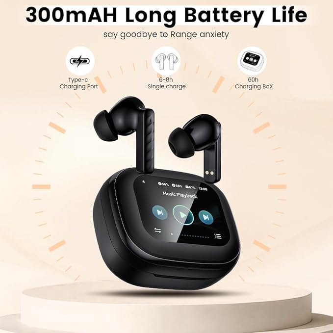 Wireless Earbuds, Bluetooth 5.4 Headphones in Ear with Smart Touchscreen Case, ANC Noise Cancelling Ear Buds, 60H Playtime for Sports & Working, Bass Stereo Sound for iPhone/Android (Black)