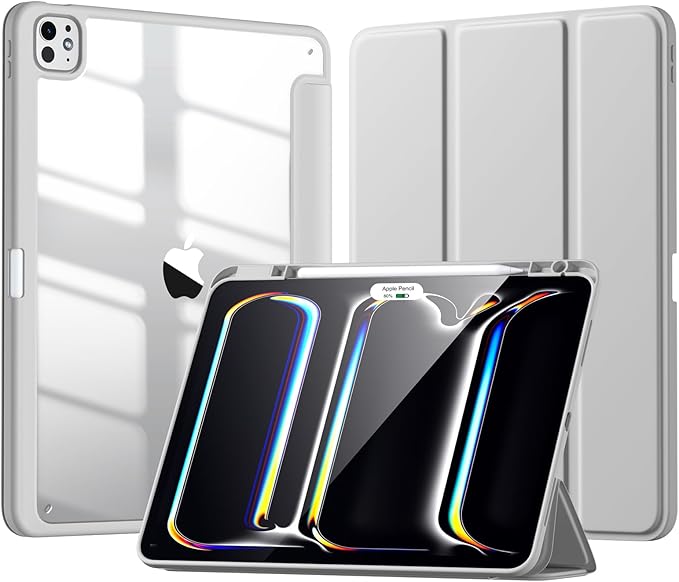 New Compatible with iPad Pro 13 inch Case M5 2025/M4 2024 with Built-in Pencil Holder, Kidopire for iPad Pro 13 Case with Hard Clear Back Shell, Support Pencil Pro, Auto Wake/Sleep, Light Gray