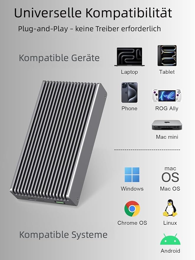 Fanless 40Gbps M.2 NVMe Enclosure, USB C Aluminum External SSD Enclosure Compatible Thunderbolt4/3 8TB SSD Adapter, PCIe Gen4 M.2 SSD Reader Fits 2280/2260/2242/2230mm M B+M Key