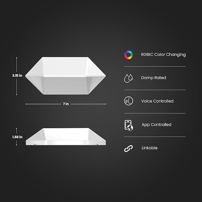 Feit Electric Smart LED Hexagon Tile Lights, 7" Ea, Linkable, RGBW Color Chasing, 2.4GHZ WiFi Enabled, Compatible with Alexa and Google Home Asst, Music Sync, Remote App, 6 Pack - HEX/CHASE/AG/6KIT
